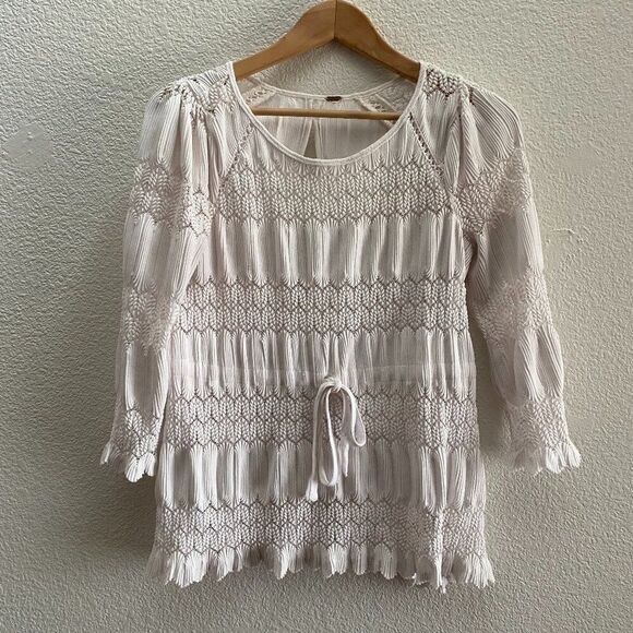Free People Fire Island Crochet Cinch Waist Shirt Top Small White Color - Picture 1 of 4